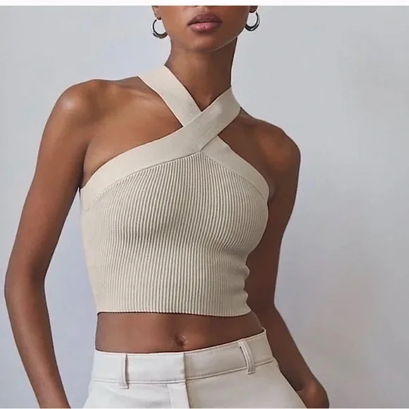 BABATON Sculpt Knit Criss Cross Cropped Tank Top Beige - Picture 1 of 5